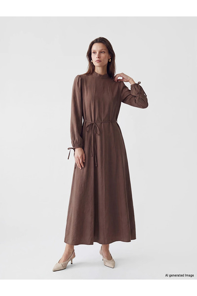 LC Waikiki Brown Hakim Collar Pleated Dress