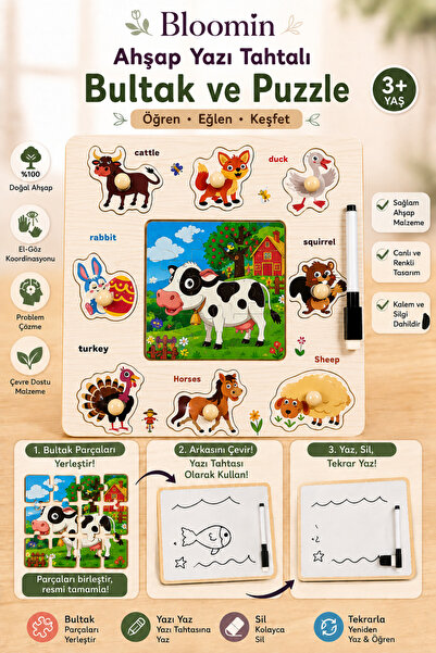 Bloomin Ahşap Eğitici Bultak & Puzzle Oyuncak Ve Yaz Sil Yazı Tahtası Bebek Ç...