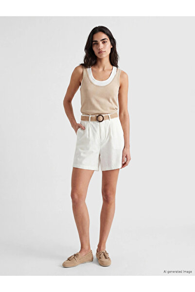 LC Waikiki White Regular Fit Belted Women's Pleated Shorts