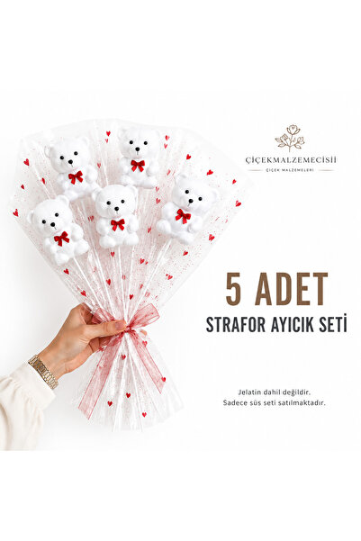 TR 5 Adet Beyaz Strafor Ayıcık Çubuklu Süs Seti
