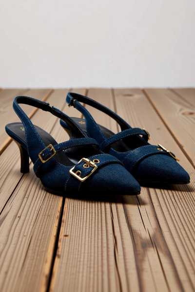 BENERLY Pantofi clasici de damă cu vârf ascuțit, cu cataramă din denim, cu to...