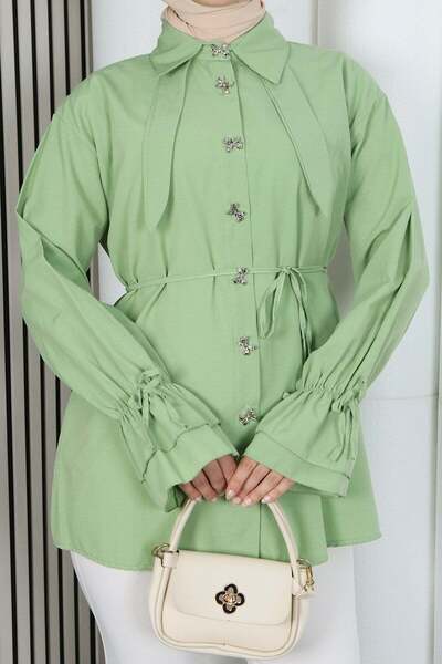 HNT Hayrunnisa Tesettür Butterfly Stone Button Detailed Lace-Up Tunic Green Hnt2126
