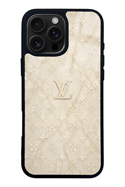 Spoyi iPhone 16 Pro Max Krem Gold LV Tasarımlı Glossy Telefon Kılıfı