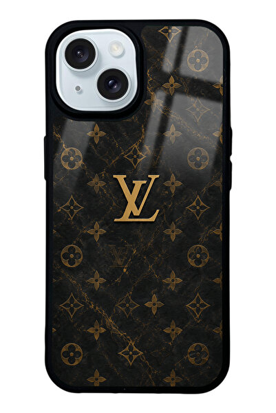 Spoyi iPhone 15 Black Mermer Gold LV Tasarımlı Glossy Telefon Kılıfı