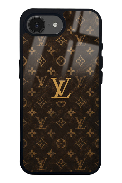 Spoyi iPhone 16E Brown Gold LV Tasarımlı Glossy Telefon Kılıfı