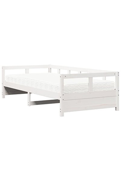 vidaxl Pat de zi cu saltea, alb, 90x200 cm, lemn masiv pin