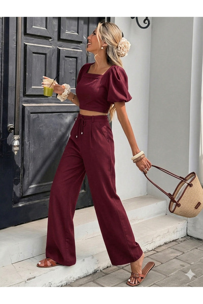 ladyzey kadın bordo kare yaka balon kol crop bluz ve bol paça pantolon takımı