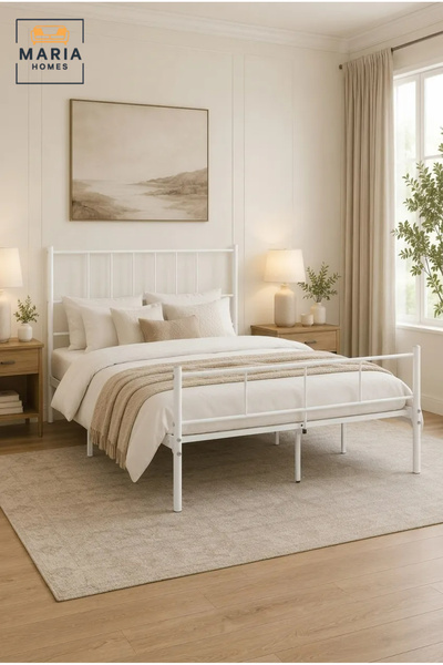 MARIA HOMES Modern White Metal Bed Frame 140×200 cm – Platform Bed with Headb...