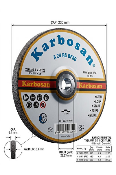 KARBOSAN Metal Taşlama Diski 230x6.4 mm Büyük Spiral Çapak Alma Taşı