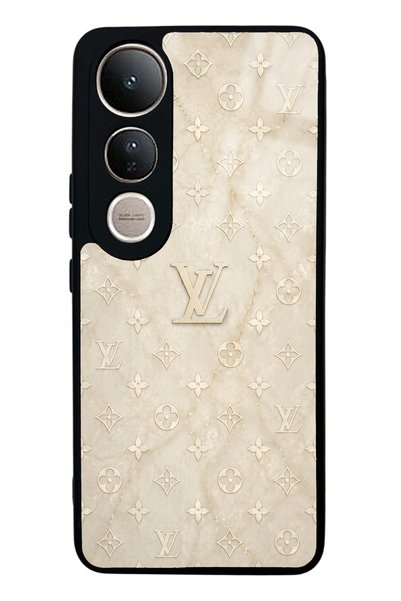 Spoyi غطاء هاتف لامع بتصميم LV باللون الذهبي الكريمي لهاتف Vivo V50 Lite
