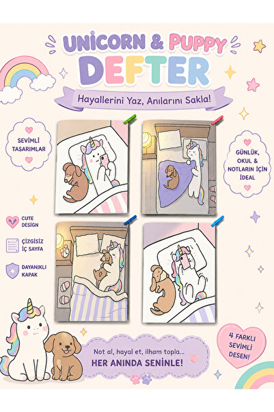 zumio Unicorn & Puppy A6 Defter Seti 4'lü | Sevimli Unicorn ve Köpek Tasarıml...