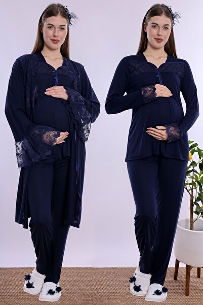 ByLohusa Maternity Pajama Set with Nursing Features and Robe Effortt - Navy Blue
