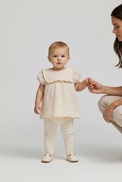 Caramell Baby Girl Beige Ruffle Blouse and Leggings Set