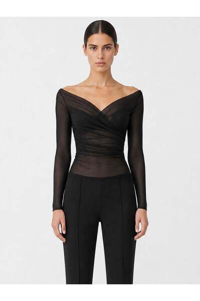 RİVUS Kayı Collar Side Zipper Drape Detailed Long Sleeve Tulle Blouse - Black