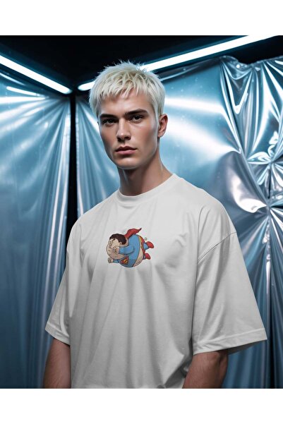 buzagi tasarım ürünleri Superman Chubby Unisex Oversize White T-Shirt