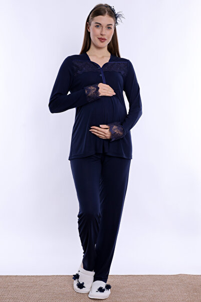 ByLohusa Adjustable Waist Elastic Cotton Maternity Pajama Set Effortt - Navy ...