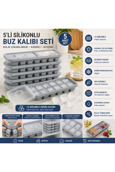 Altınkayaticaret 5-Piece Ice Tray Set with Silicone Covers – 10-Compartment E...