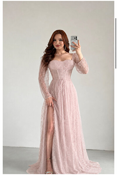ayşenur Dinçer butik Romance Dantelli Abiye Pudra Pembesi