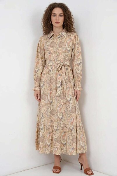 ALFA AKSESUAR 03 Women's Shirt Collar Belted Floral Patterned Viscose Yellow ...