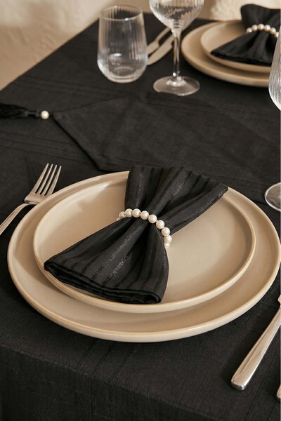 Rivaİstanbul Colber Black Striped Seamless Tablecloth Set, 12 Seater, 26 Pieces