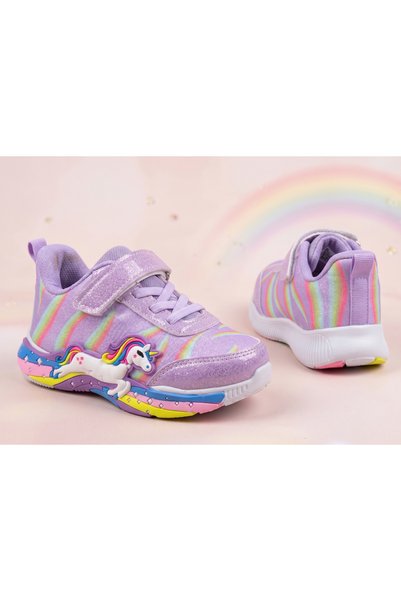 Papuctime Kız Çocuk Unicorn Figürlü Gökkuşağı Desenli Cırt Cırtlı Spor Ayakkabı