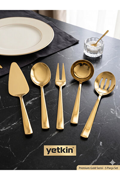 Yetkin Premium Gold 5 Parça Paslanmaz Çelik Servis Seti - Lüks Kepçe, Spatula...