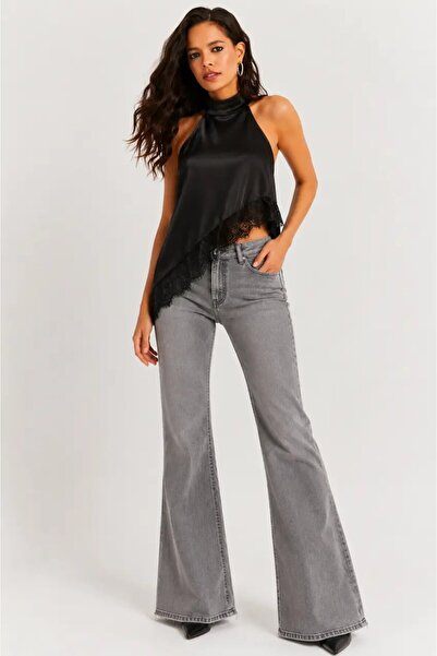 Cool & Sexy Black Lace Detailed Asymmetrical Satin Blouse