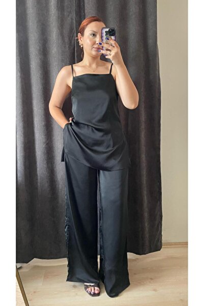Tumtum Wear Satin Adjustable Strap Slit Detailed Blouse and Pants Set