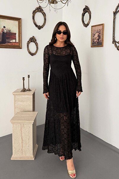 Elbee Fashion Woman فستان دانتيل بأكمام طويلة وبطانة سوداء