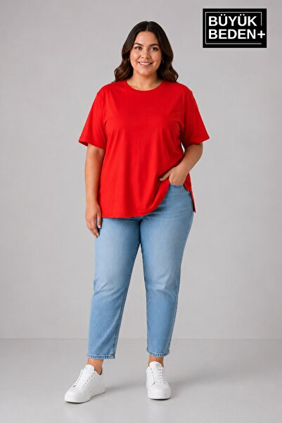 Süperlife Plus Size Women's Crew Neck Slit Detailed 3Xl-6Xl Tunic T-Shirt Spr...