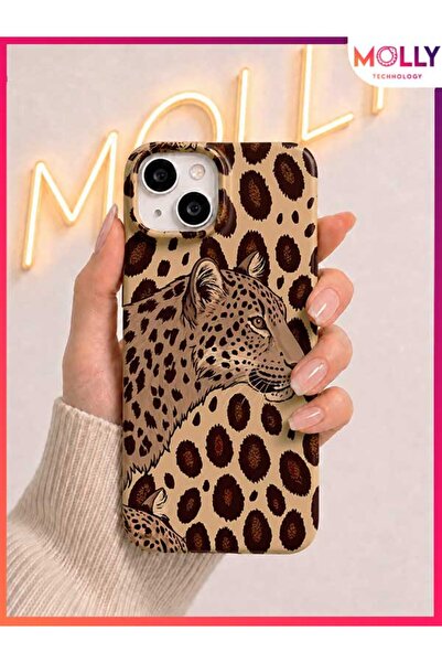 Molly iPhone 13 / 14 İçin Bej Leopar Aura Desenli İçi Kadife Silikon Kılıf