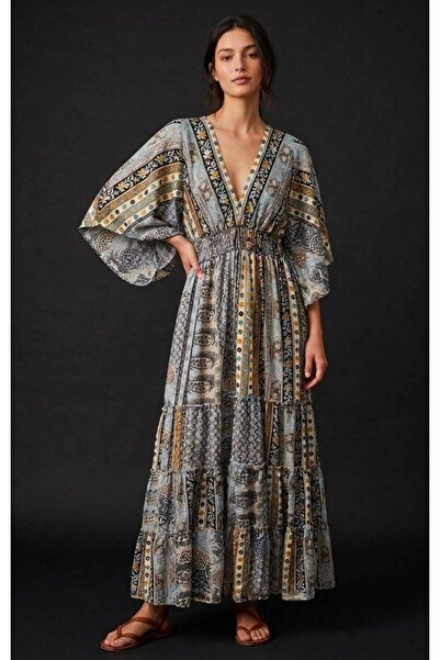 moda gk Gold Detailed Silk Hürrem Kol Imported Dress