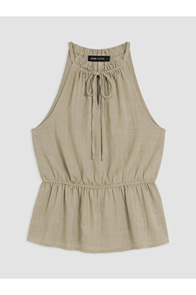 LC Waikiki Khaki Halter Neck Blouse with Gathered Tie Detail