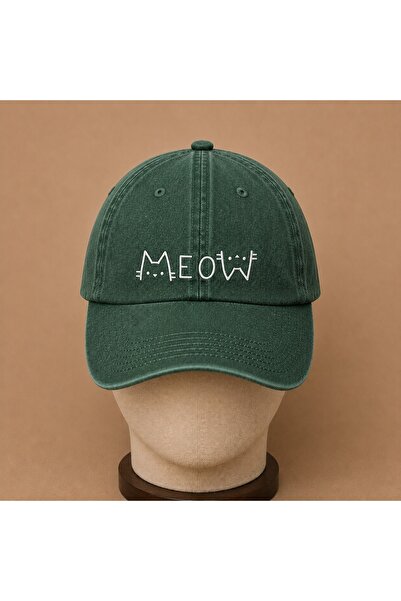 WeavedCo Embroidered Vintage Washed Cap with Meow Cat Figure