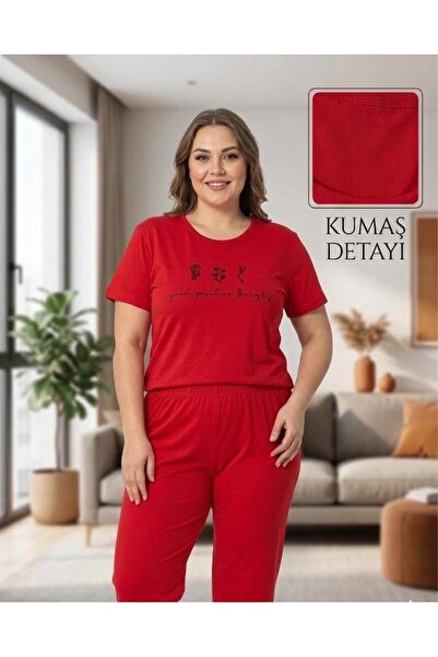 sleeproom Red Short Sleeve Plus Size Floral Patterned Pajama Set