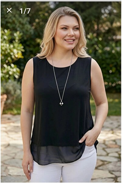 PARKDERİN Plus Size Interlayered Chiffon Sandy Fabric Sleeveless Blouse