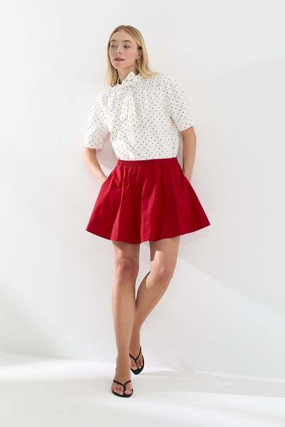 Jusenmia A-Line Poplin Mini Skirt with Shorts Red