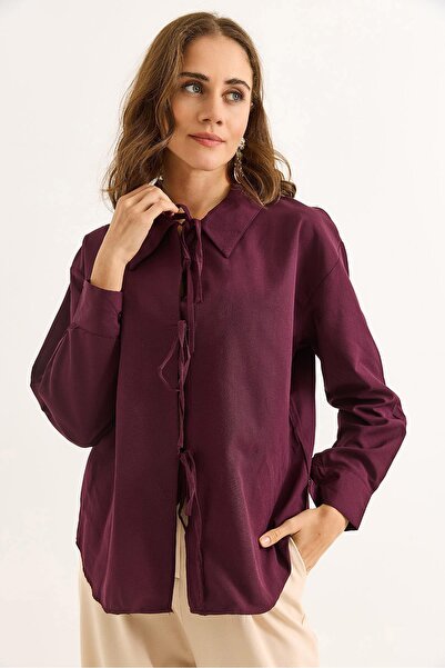 Raneel Kazançlı Alışveriş Women's Stylish Design Shirt with Tie Front in Burgundy