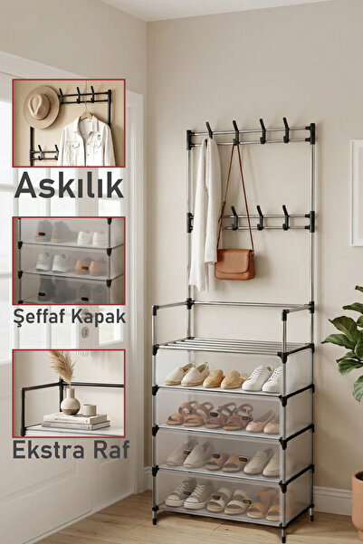 Trend Maison Çok Amaçlı Portatif Ayakkabılık ve Askılık 4 Katlı Şeffaf Ayakka...