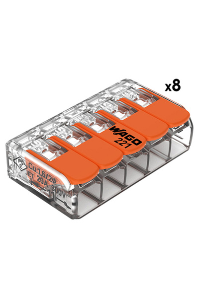 Lechpol WAGO 221-413 Conector cu levier subțire, 5 porturi, 4 mm², Set de 8