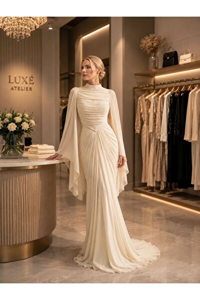 Hennin Drapeli Chiffon Cape Sleeves Long Special Occasion Dress 5209