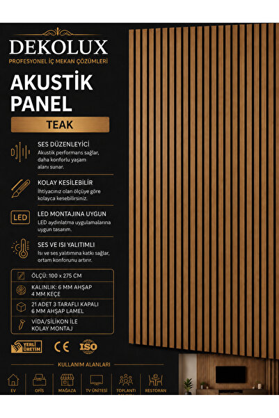 Dekolux AKUSTİK AHŞAP PANEL TEAK RENGİ 100*275