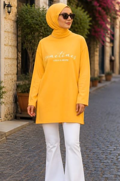 İmajButik Yellow Crew Neck Printed Single Jersey Tunic