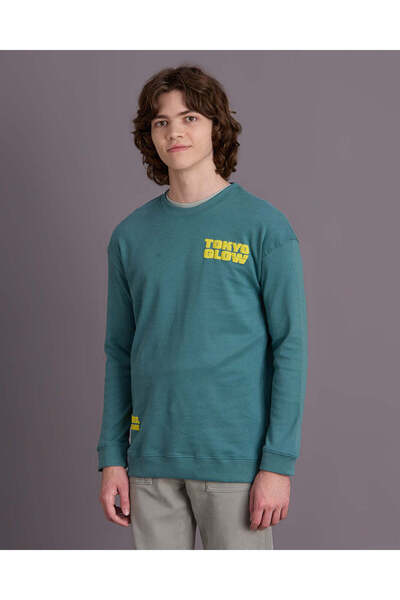 REDTAG Senior Boys Teal Tokyo Glow Over Size Sweatshirt