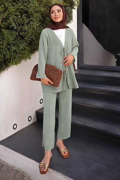 İmajButik Mint Green Front-Tie Kimono Pants Set