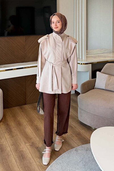 lamelif Pleated Sleeve Shoulder Applique Trench Stone