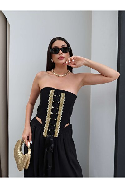 ESRAHELVACI Gold Embroidered Strapless Corset