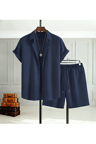 Fifty Color Alaçatı Style Men's Short Sleeve Shirt and Shorts Wrap Crinkle Suit