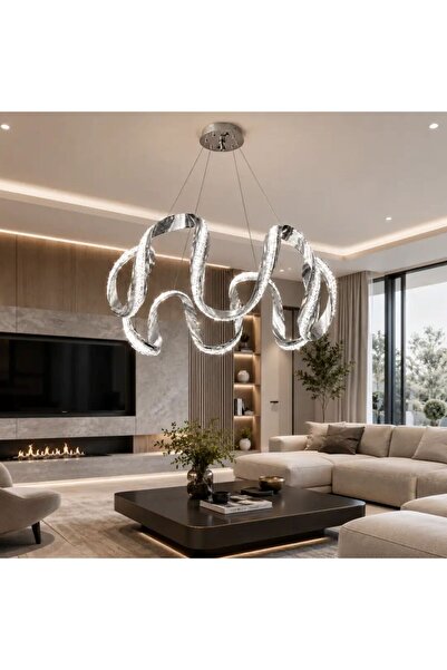 REEL 6Lı Badem Krom Led Avize - Kristal Silikon - Cizgili Profil - 3 Renk Kum...