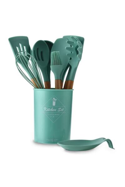 King Set of 12 green silicone kitchen utensils (including storage cup), green,